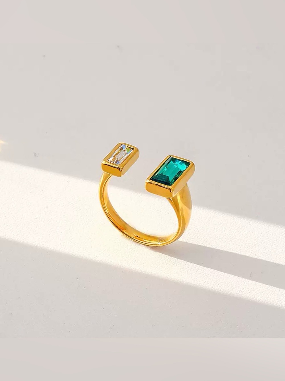Gold Emerald Green & Clear Crystal Open Cuff Toi Et Moi Ring